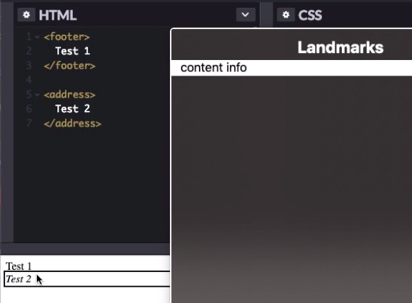 screen shot of VoiceOver rotor set to landmarks, showing a content info landmark. It is selected, and the second test, an address element, is highlighted by VoiceOver.