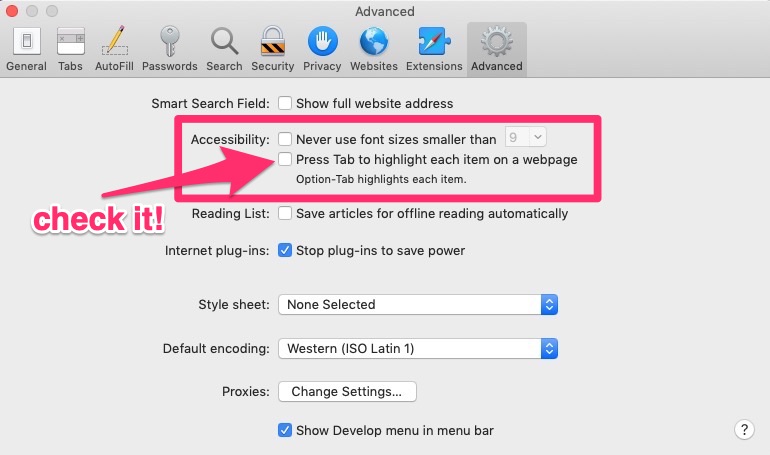 screen shot of Safari's Advanced settings panel, arrow pointing to the accessibility setting 'press tab to highlight each item on a webpage'