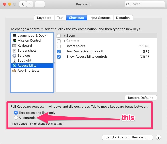 mac OSX keyboard, shortcuts preferences window with the 'all contents' radio button being selected to enable all focusable contetn to be focused