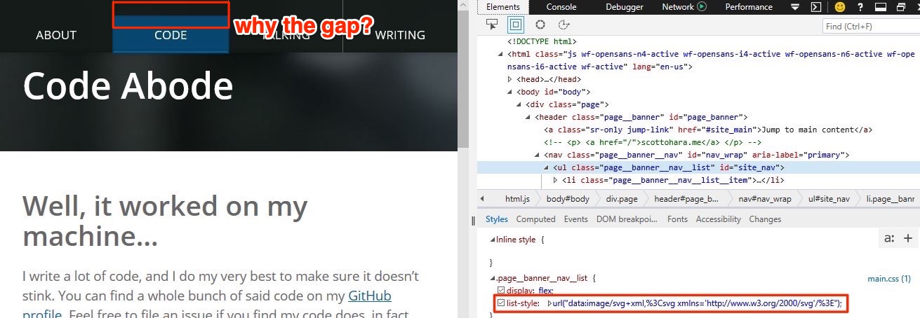 screen shot of my website nav with new technique turned on, as displayed in Edge's dev tools. A gap appears at the top of each list item.