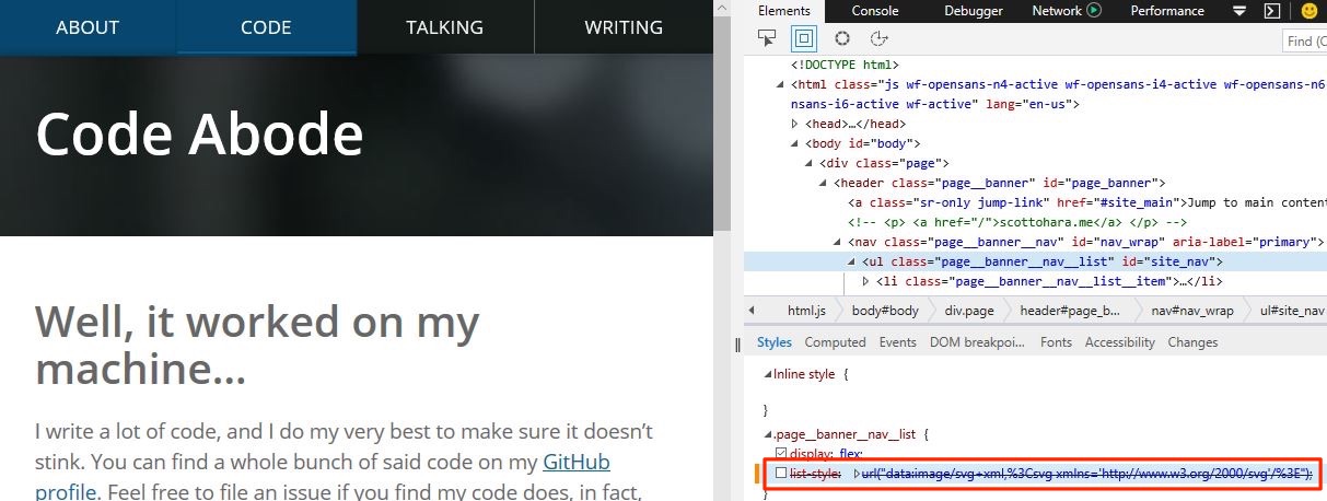 screen shot of my website nav with new technique turned off, as displayed in Edge's dev tools. The gap goes away for each list item.